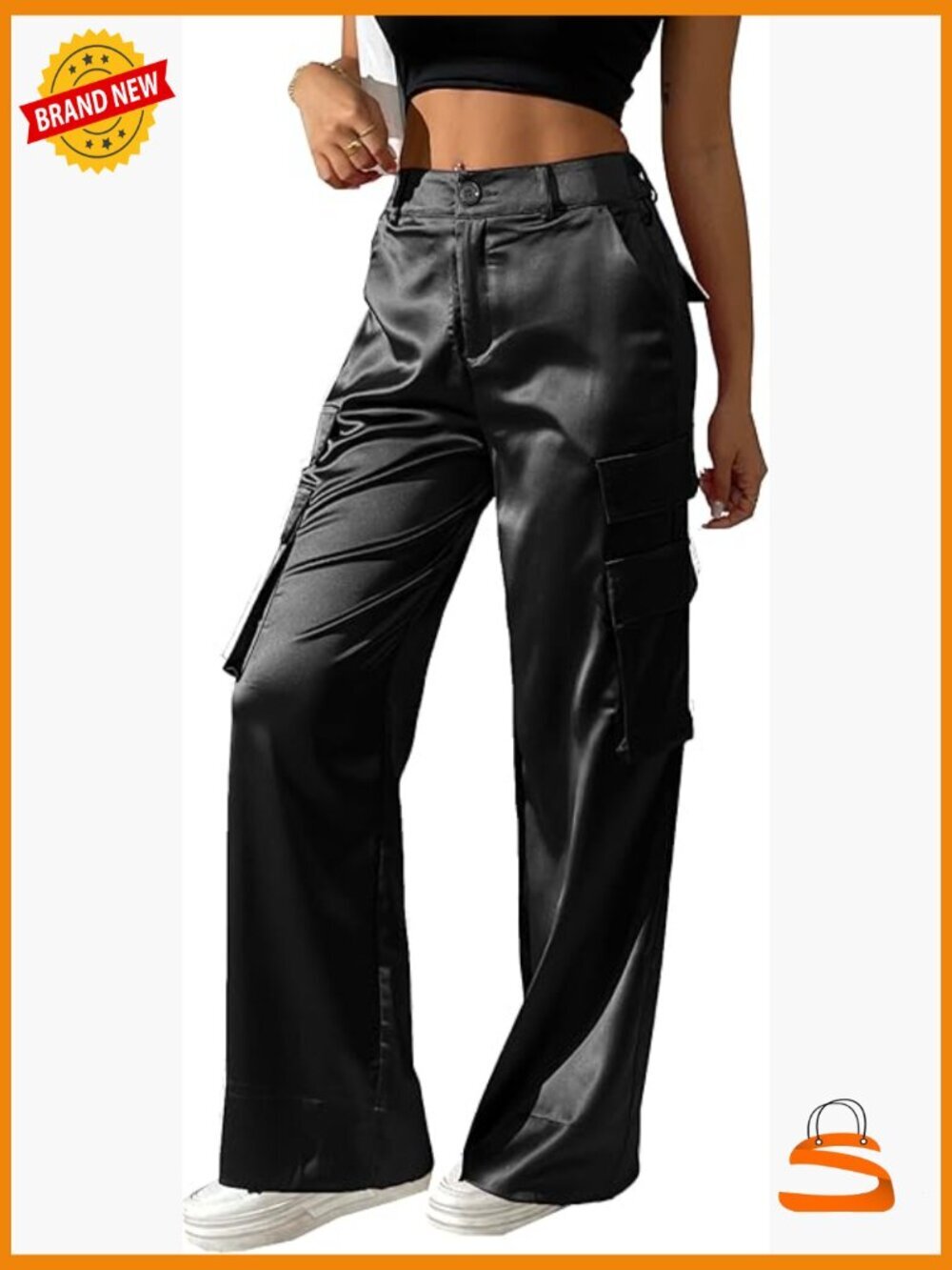 Satin Cargo Wide Leg Pants Silky Dressy Casual Pocketed Trouser